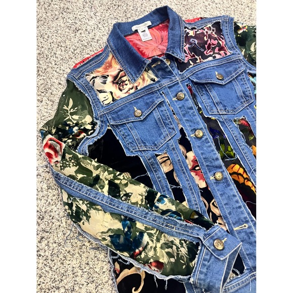 John Mark Denim Jacket Mixed Media Floral Velvet Patchwork Designer Medium - Picture 3 of 14